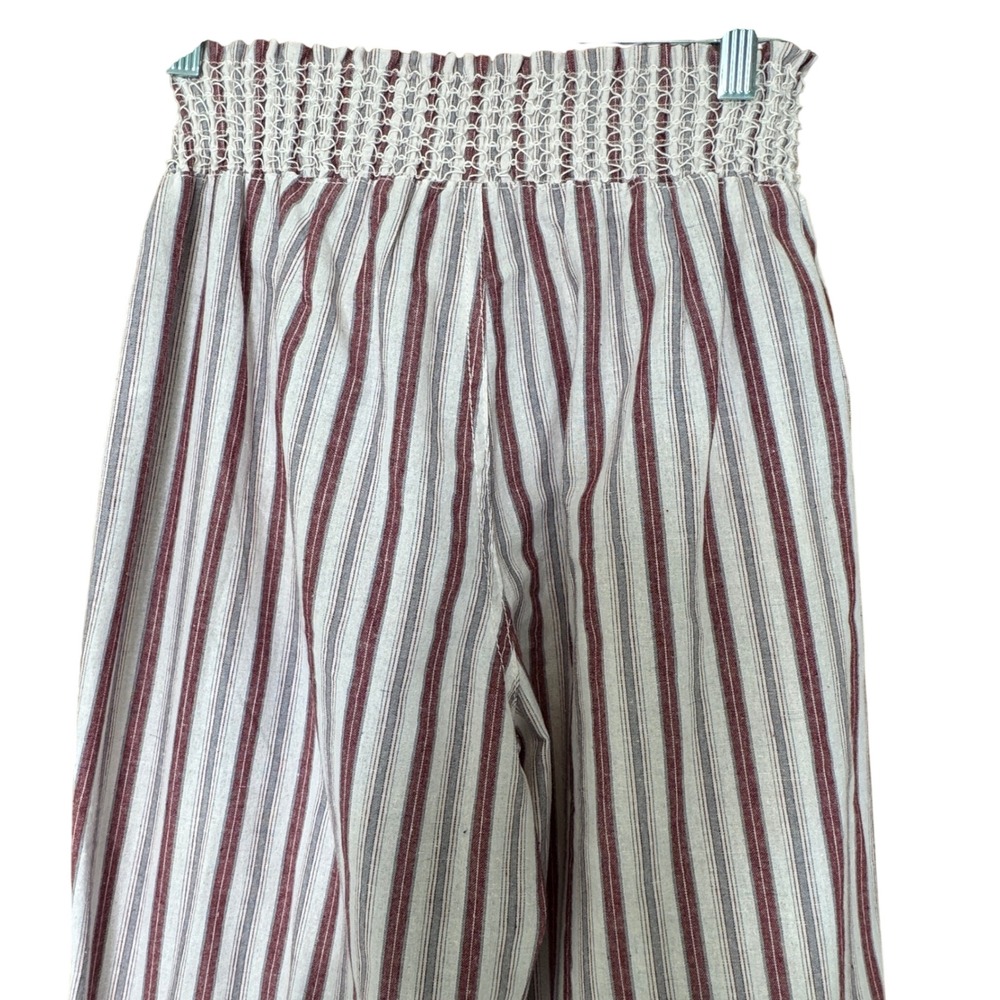 Linen Wide Leg Striped Pants Large Smocked Waist Coastal Nautical Beachy Summer - Picture 7 of 9